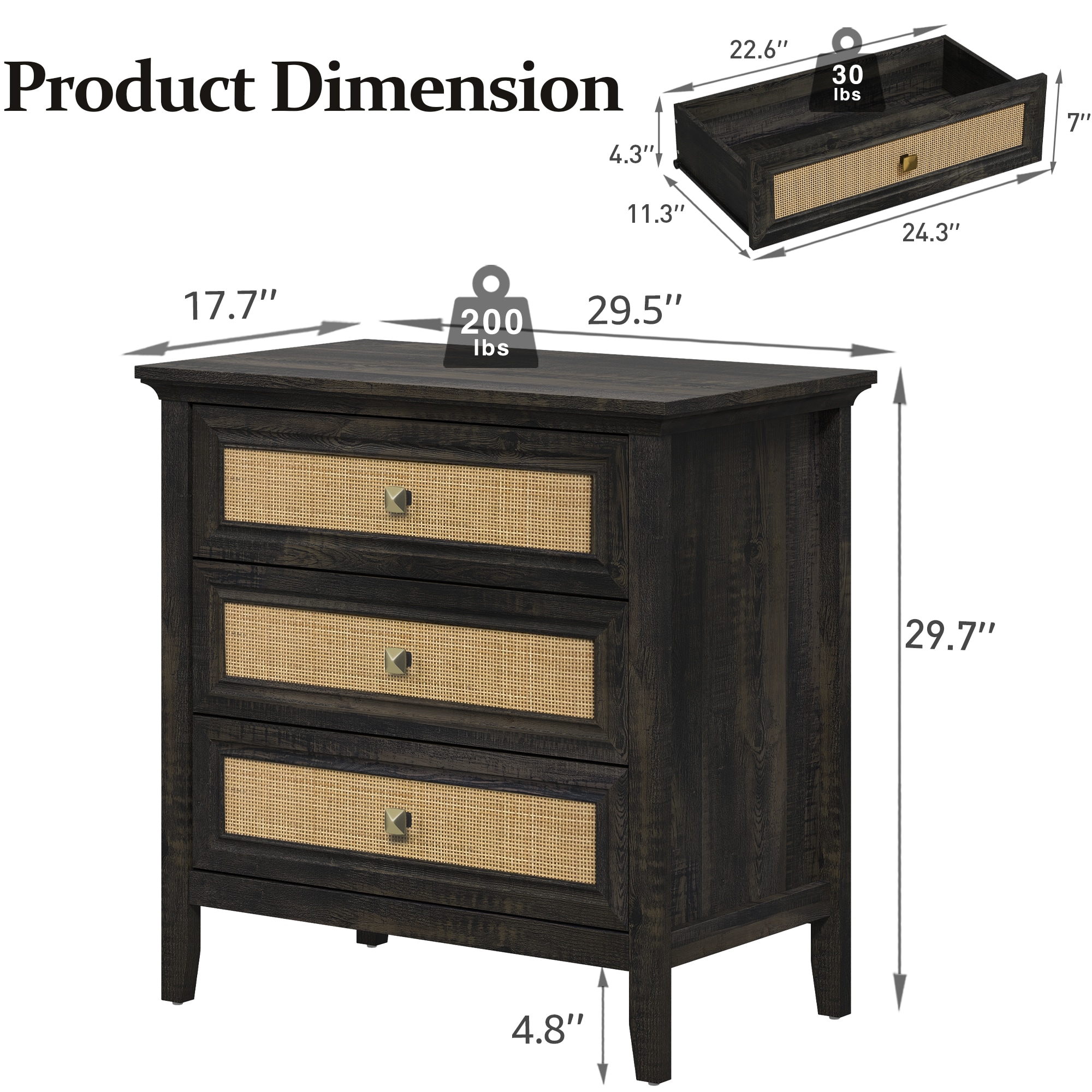 3 Drawer Dresser Rattan Dresser Wood Chest Of Drawers Farmhouse Closet Dressers Modern Bedside Table Rustic Nightstand Storage Cabinet For Bedroom, Hallway, Living Room, Dark Rustic Oak_maomaolike.com